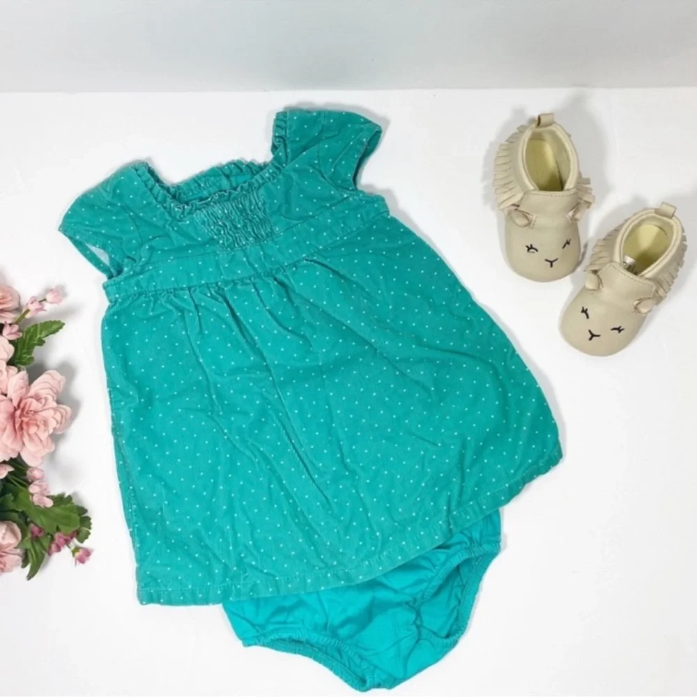 Cherokee Green Dots Print Corduroy Baby Girl Dress 2pcs Matching Set
